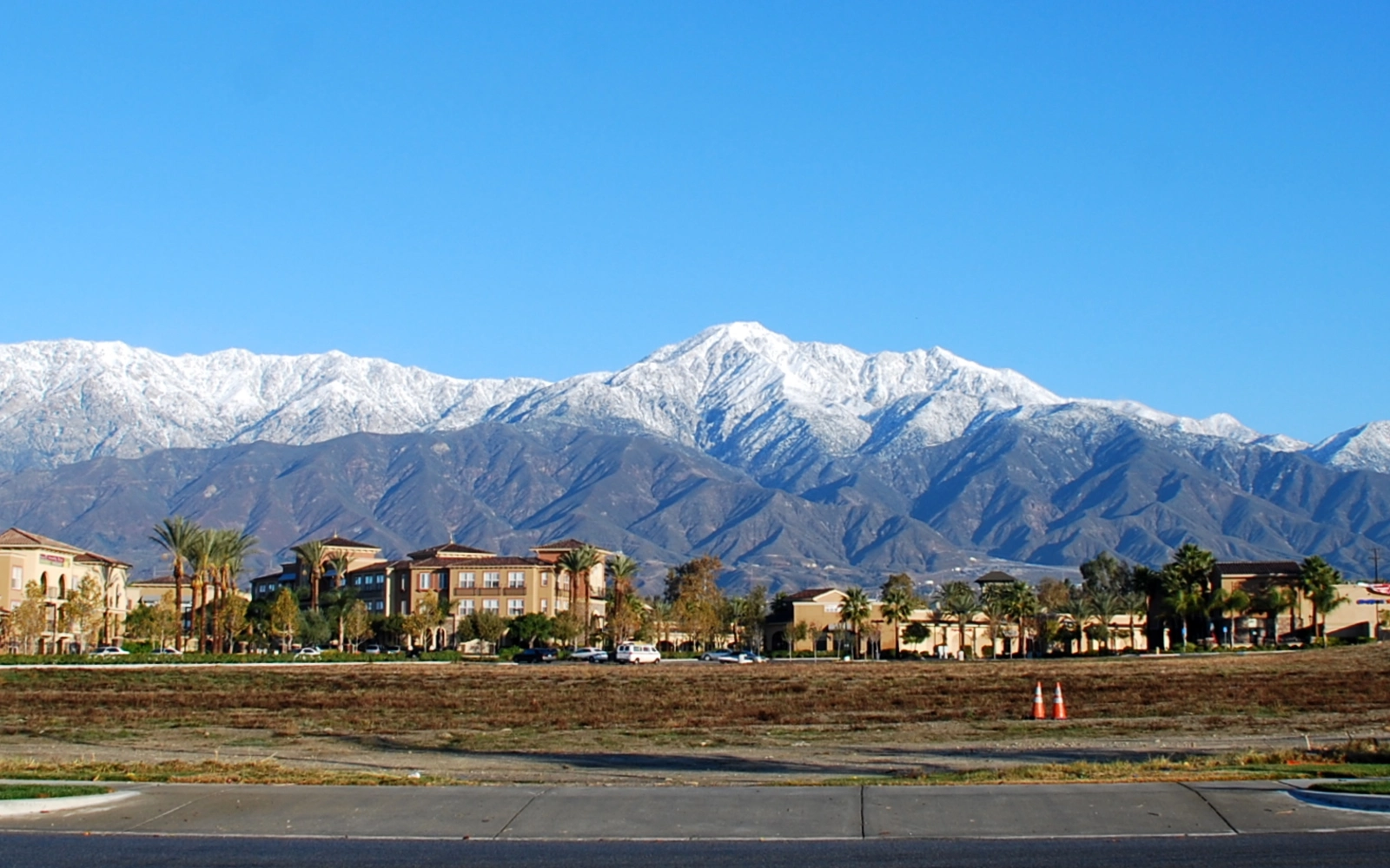 Snow-covered Cucamonga Peak rising above Rancho Cucamonga